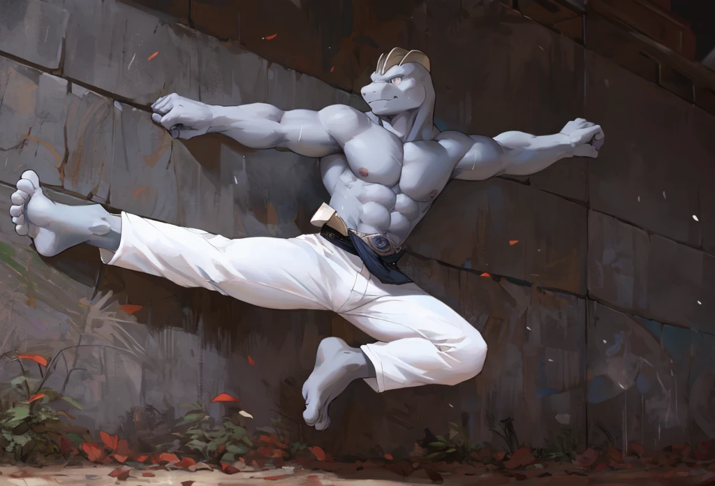 (((Barefoot furry character, full body, cinematic setting, furry male, plantigrade))) 

(((Machoke))) as Capoeira fighter, ((pokemon, long white pants, training Capoeira in the park))

blue body, bara:0.5

BREAK, intricate details, highly detailed, extreme detail, octane render, fine art, best quality, highres, (detailed face:1.5), ((full_body)), UHD, (((perfect hands))), (((perfect feet))), low light