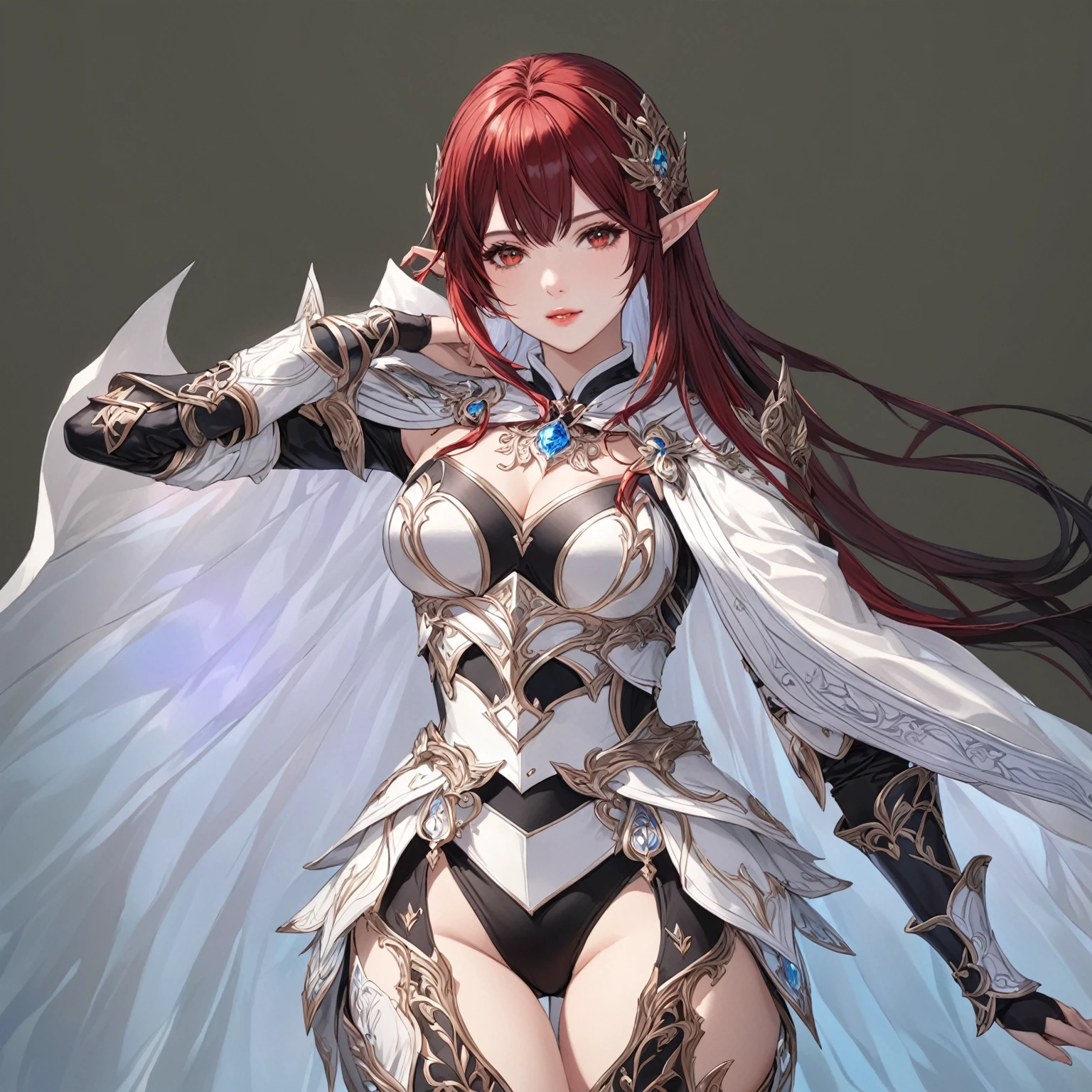 masterpiece, best quality, good quality, Fantasy aesthetics, Highly detailed, shadowverse style, female, elf, red hair, black and white hair mix