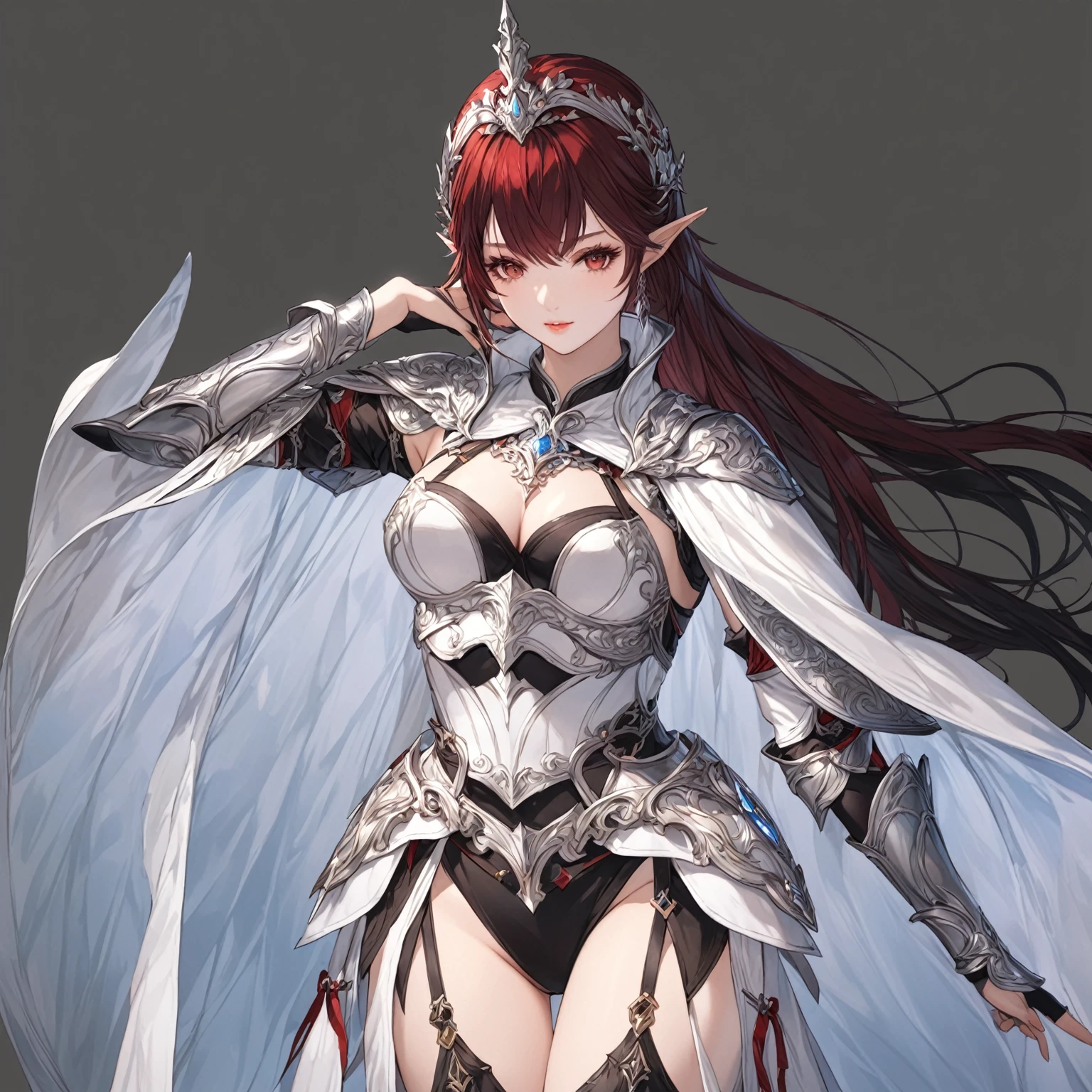 masterpiece, best quality, good quality, Fantasy aesthetics, Highly detailed, shadowverse style, female, elf, red hair, black and white hair mix