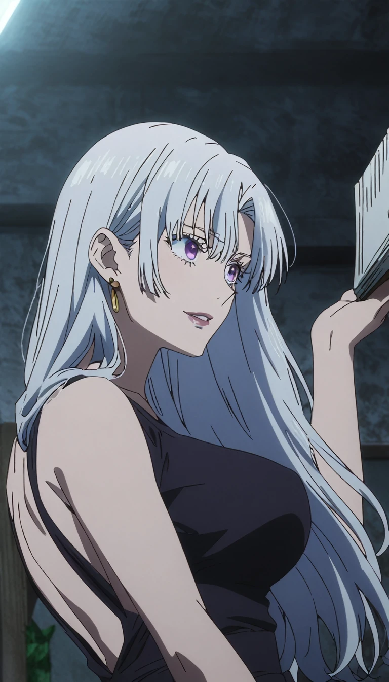 1girl, female gojo satoru, anime screencap from jujutsu kaisen, gojo satoru female version, solo, long_hair, ((purple eyes)) ((White_hair, hair parted from between)), night view, (hanging breasts) upper_body, smile, indoors, book, lips, (long hair) ((wearing black one piece, glossy)) breast, "very detailed and high resolution" (purple eyes) ((solo)) (((front view))) (earings) ((high resolution)) ((good quality)) ((silky hair, hair slicled back from one side)) ((shy))