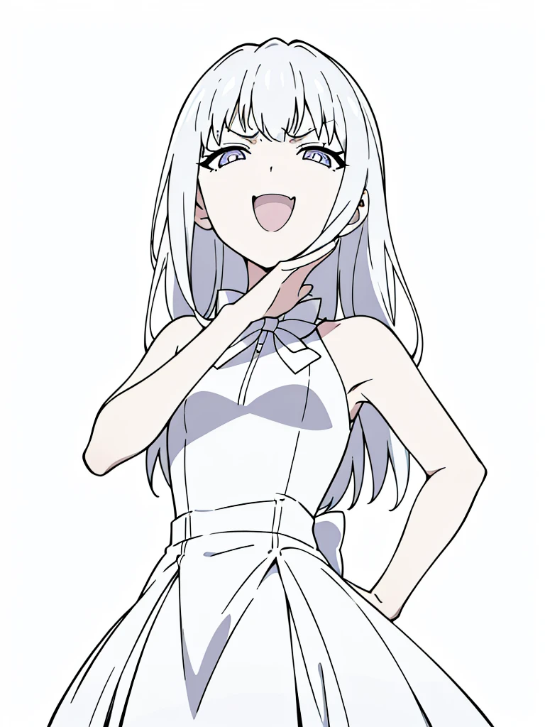 (1girl,8 years old,small),white hair,long hair,white dress, sleeveless, bow tie, bare shoulders,(white background,line drawing),(ojou-sama pose),angry,smile,upper body,looking at view,from below, hand on hip,squinted eyes,:D,evil smile,from below