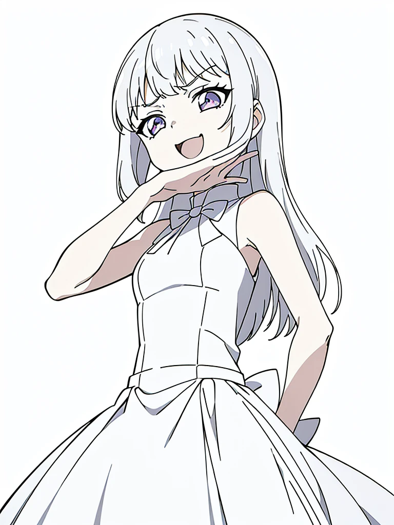 (1girl,8 years old,small),white hair,long hair,white dress, sleeveless, bow tie, bare shoulders,(white background,line drawing),(ojou-sama pose),angry,smile,upper body,looking at view,from below, hand on hip,squinted eyes,:D,evil smile,from below