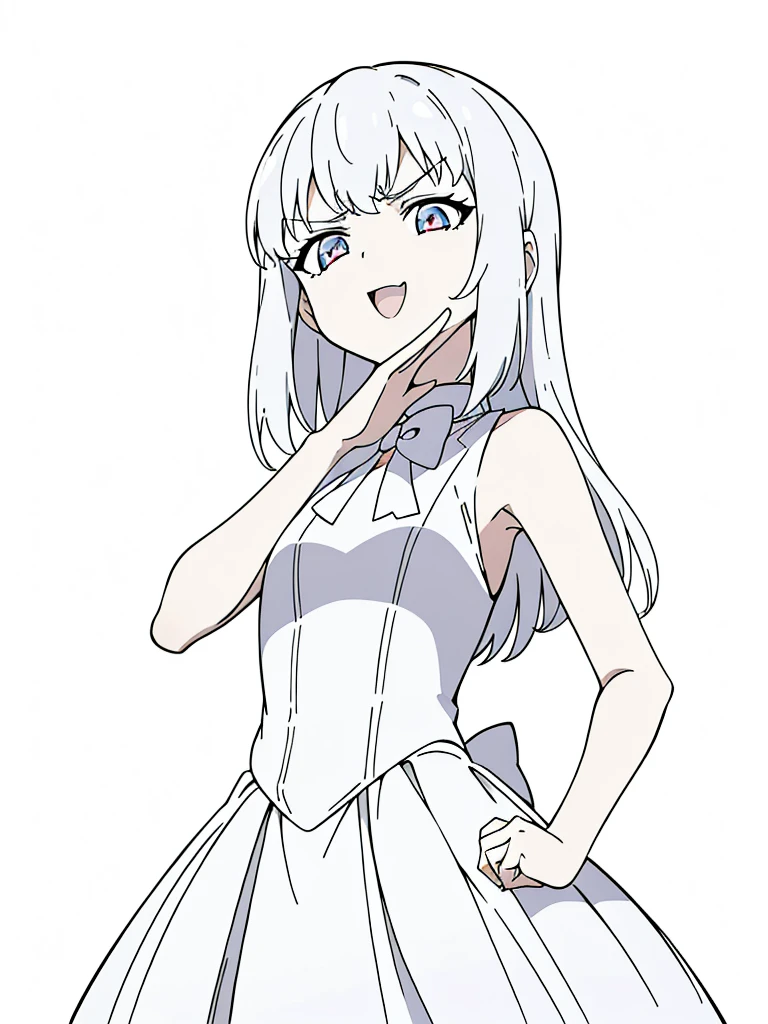 (1girl,8 years old,small),white hair,long hair,white dress, sleeveless, bow tie, bare shoulders,(white background,line drawing),(ojou-sama pose),angry,smile,upper body,looking at view,from below, hand on hip,squinted eyes,:D,evil smile,from below