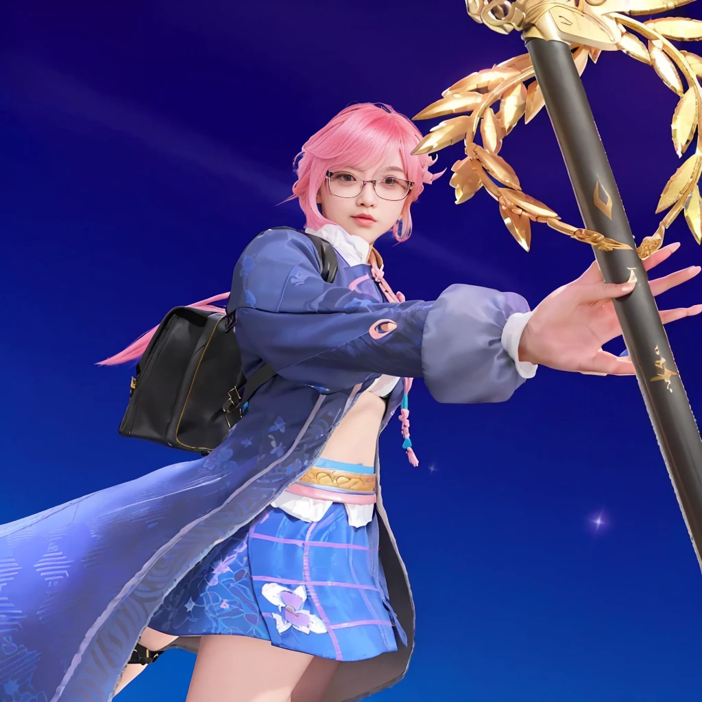there is a woman with pink hair holding a sword in a field, hints of yayoi kasuma, yayoi kasuma, ayaka game genshin impact, from kingdom hearts, keqing from genshin impact, main character, zhongli from genshin impact, ayaka genshin impact, carrying a magical staff, rin, official character art