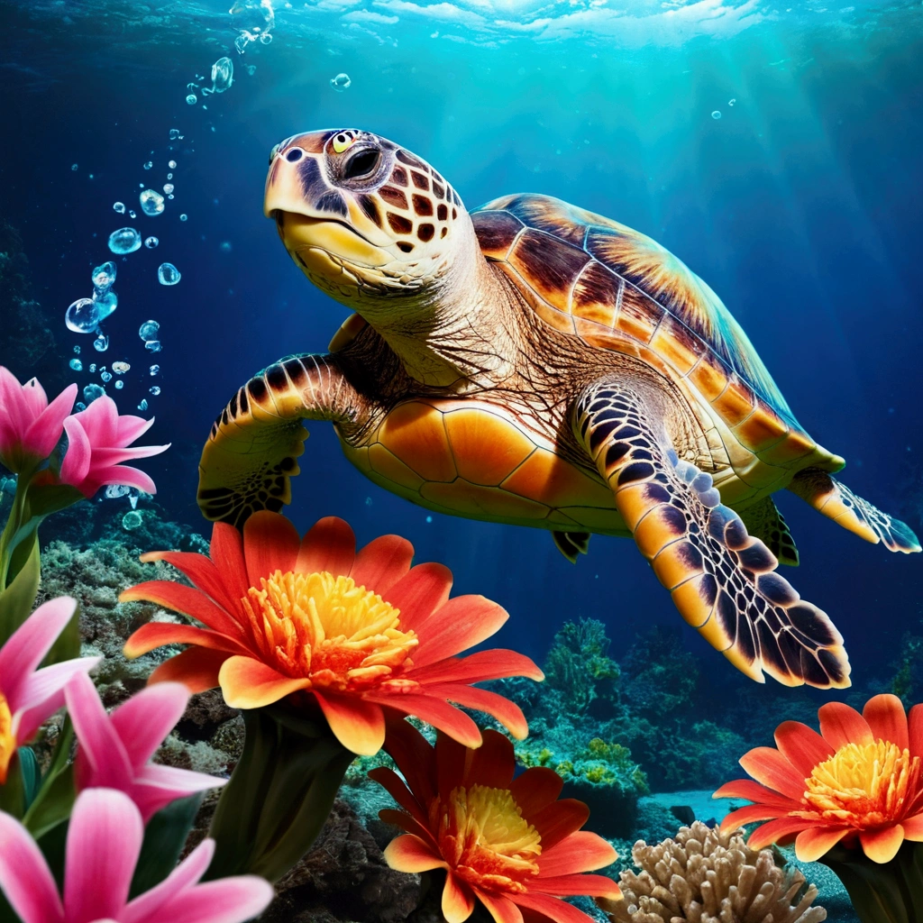 sea turtle, buble de ar, flowers, vivid color, splash of color, chibi, cute