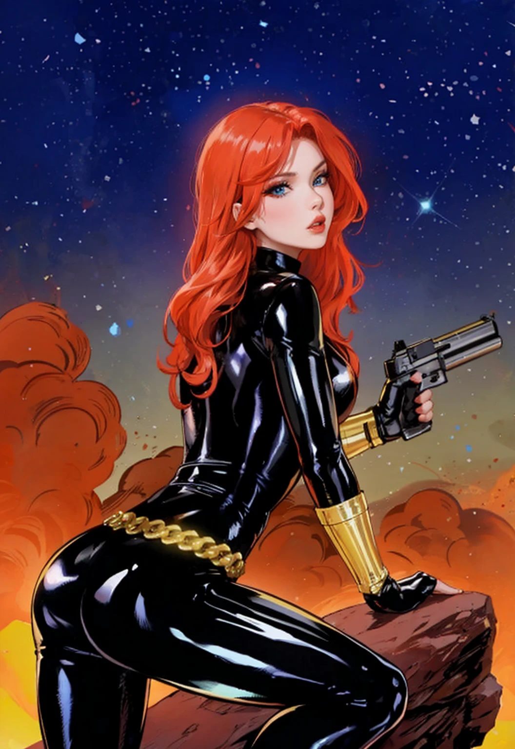 Black Widow, is known from the Marvel series. She's depicted with red hair and blue eyes, dressed in a sleek skin-tight shiny black latex bodysuit with a belt made of golden circles. She's holding a gun in her left hand, and she's in a crouching pose on a rock. The background features a bold red sky with white stars. The character appears ready for action.