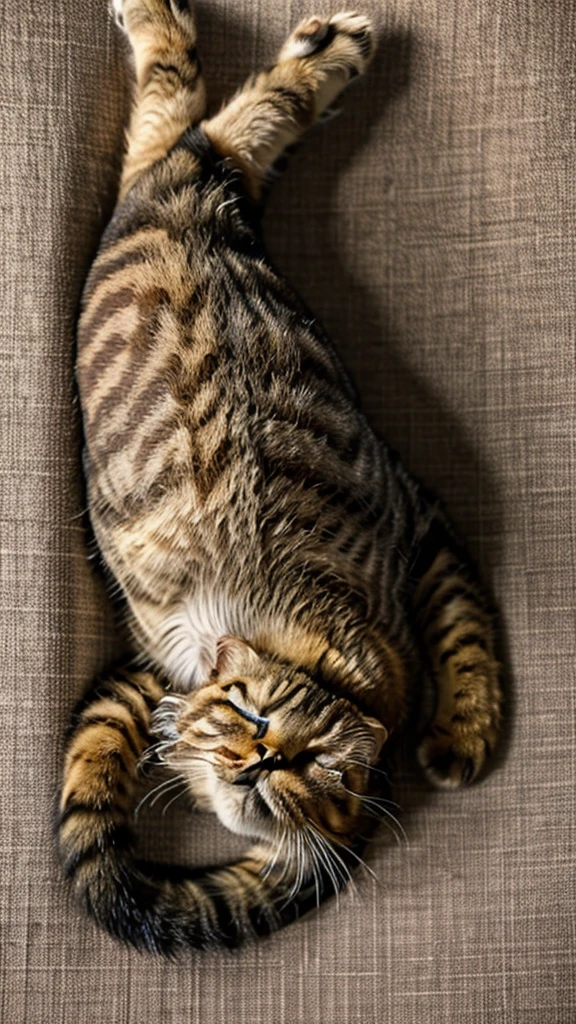 Very realistic animal photos,indoor,Home,night,Sense of atmosphere,An overhead shot of a cute tabby cat sleeping soundly with its belly turned upside down,Realistic animal hair,Capture cute pet tabby cat sleeping,female cat,