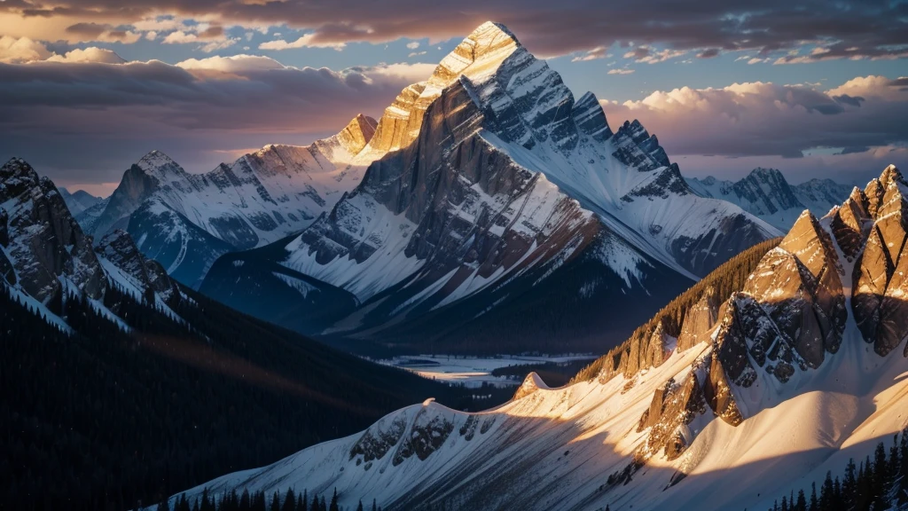 A wide angle landscape shot of gigantic rocky mountains with the sun rising behind them, casting a golden glow across the peaks and illuminating the rugged terrain, with a clear sky and a few scattered clouds, shot with a Sony A7R IV, 28mm lens, vibrant colors