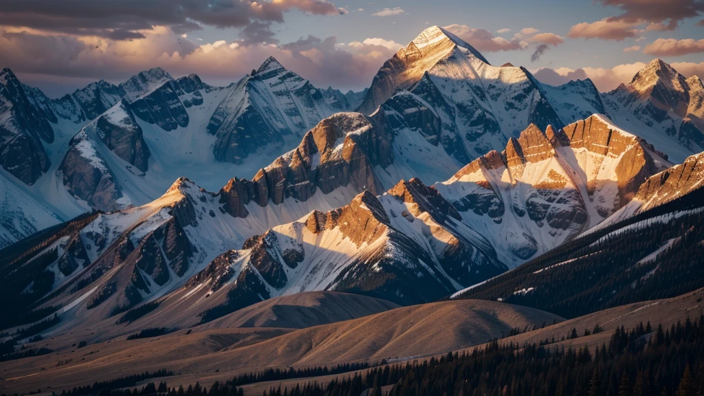A wide angle landscape shot of gigantic rocky mountains with the sun rising behind them, casting a golden glow across the peaks and illuminating the rugged terrain, with a clear sky and a few scattered clouds, shot with a Sony A7R IV, 28mm lens, vibrant colors