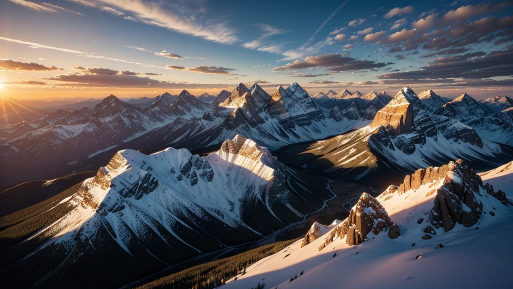 A wide angle landscape shot of gigantic rocky mountains with the sun rising behind them, casting a golden glow across the peaks and illuminating the rugged terrain, with a clear sky and a few scattered clouds, shot with a Sony A7R IV, 28mm lens, vibrant colors