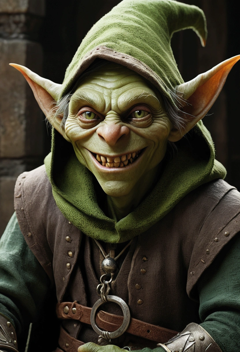 young green-skinned, sharp-toothed visible tooth, roguish dressed, (roguish clothes, medieval clothes) with a hood-up goblin sits in the shadows. The details of the goblin's hood is visible, showing its worn nature. The green skin of the goblin is vibrant, emphasizing its otherworldly appearance. the goblin is young, about 20 years old, has visible sharp teeth grinning, the skin is muted green, smart but slightly menacing face. (nice face, normal green nose, face of a magic adept, goblin face). The lighting in the scene is dim, with a subtle glow casting eerie shadows on the goblin's face and surroundings. The overall image quality is of the highest standard, with ultra-detailed textures and a photorealistic rendering. The artwork is depicted in a medium that best showcases its unique style and texture, whether it be an illustration, oil painting, 3D rendering, or photography. The color palette is dominated by earthy tones, with a focus on various shades of green to complement the goblin's appearance.