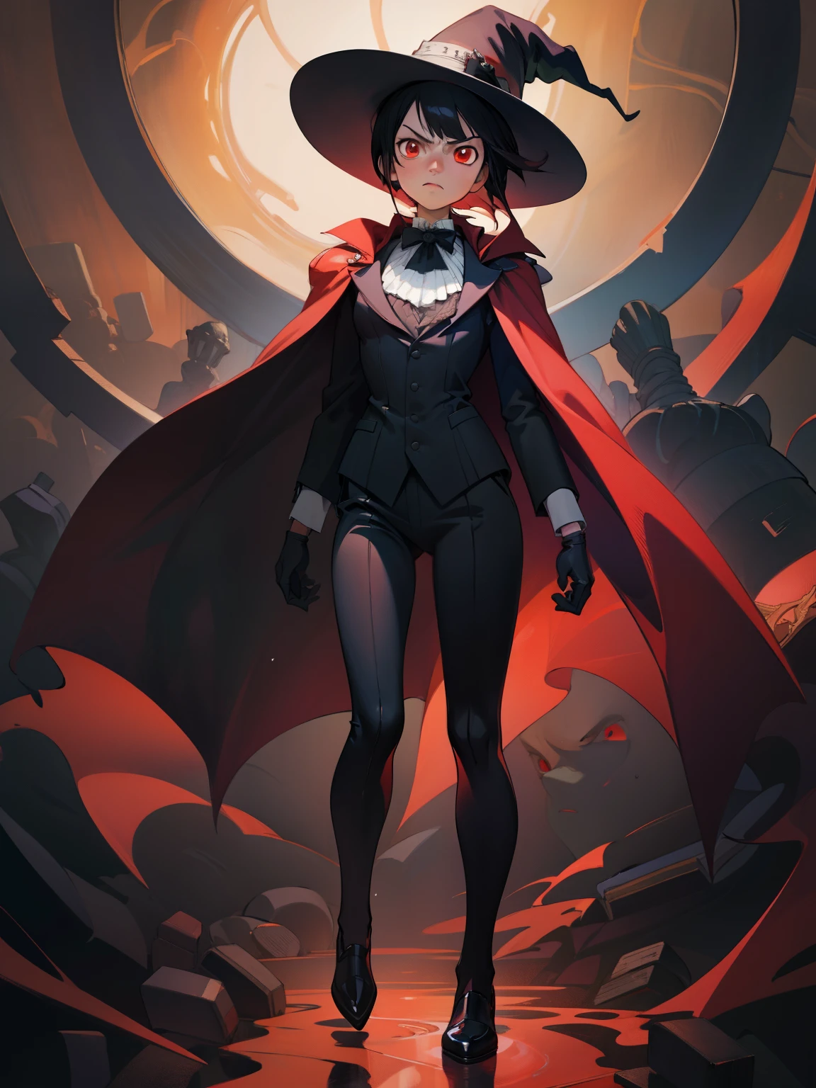 anime girl in a butler outfit, short black hair, red crimson eyes, closed mouth, serious, cape, big wizard hat, full body shot, gloves, anime, Gothic art, high details, high quality, 4K, HD, masterpiece, anatomically correct