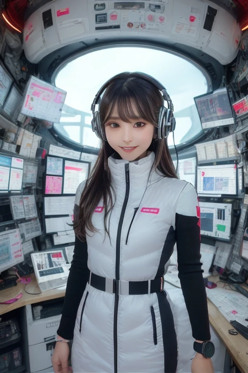 masterpiece, Highest quality, Very detailed, 8K Portrait,Japanese Android Girl,plump , Control panel,Robotic arms and legs, Blunt bangs,,break (Metallic Gray, Metallic luster, Mirror finish, Astro Best):5,headphone:5,break (Black sleeves):100,Smart Watches,Futuristic space station,Control Room,break headphone,blue eyes,(Black Hair):2,(Long Hair):1.3,Viewer Display,(respirator),break blush:3,Hidden Hand,smile