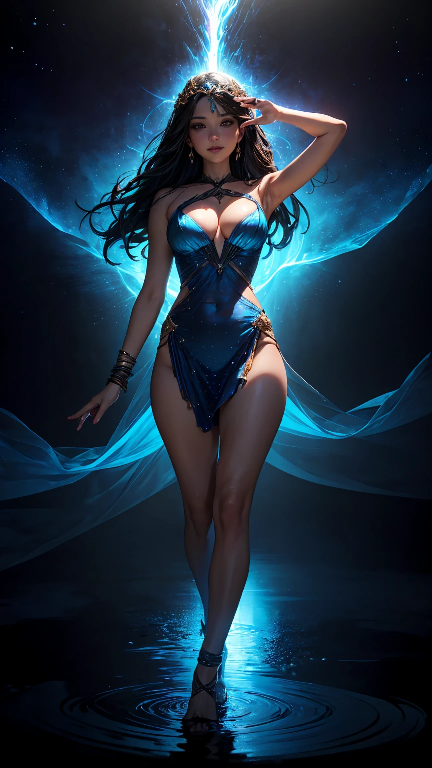 (8k, RAW photo, 最high quality, masterpiece:1.2), High-definition RAW color photo, professional photography, concept art, (((1 goddess))), (detailed), (small face), (high detail skin:1.2), cute face, beautiful appearance, (Hair shining in seven colors, blue colored eyes, long hair), (beautiful breasts), (slim body shape:1.4), Highly detailed face and skin texture, (((full body portrait))), ((goddess of the universe:1.2)), fascinating outer space, dramatic lighting, (Fantastic atmosphere:1.5), (Intelligent smile, beautiful), deep shadows and highlights, ((delicate and sacred:1.5, A dress with flowing light, transparent material)), romantic, astral body, governs time and space, Overflowing cosmic energy, ripples of energy, space fairy, star々spectacular cosmic background, reflective，refraction，beautiful skin, shiny skin, (((perfect fingers, five fingers, anatomically correct))), background bokeh, high quality, bright colors, ((award winning photography, Realistic light and shadow with attention to detail)), Immersive 3D rendering, Professional 3D artistry,