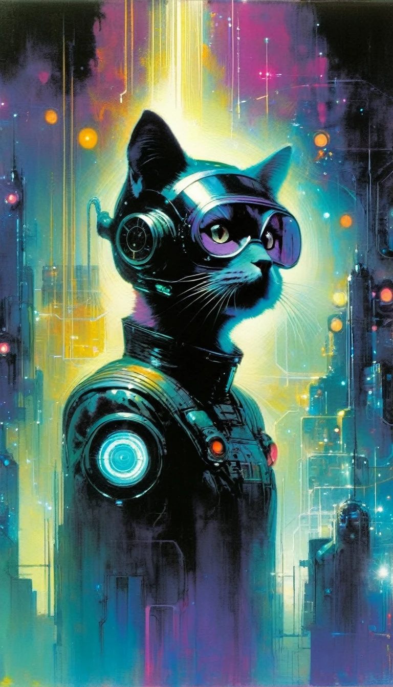 a cat in futuristic clockworld theme:1.5 (art inspired by Bill Sienkiewicz). oil painting)