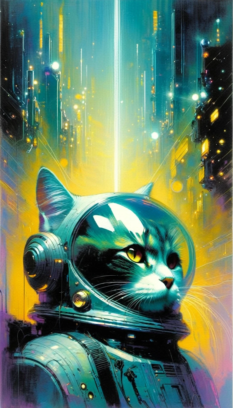 a cat in futuristic clockworld theme:1.5 (art inspired by Bill Sienkiewicz). oil painting)
