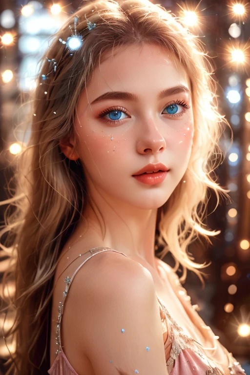 a girl in a pink dress, beautiful detailed eyes, beautiful detailed lips, extremely detailed face, long eyelashes, sapphire blue eyes, selfie angle, high quality, 8k, masterpiece, ultra-detailed, photorealistic, original photo, realistic skin texture, film grain, upper body