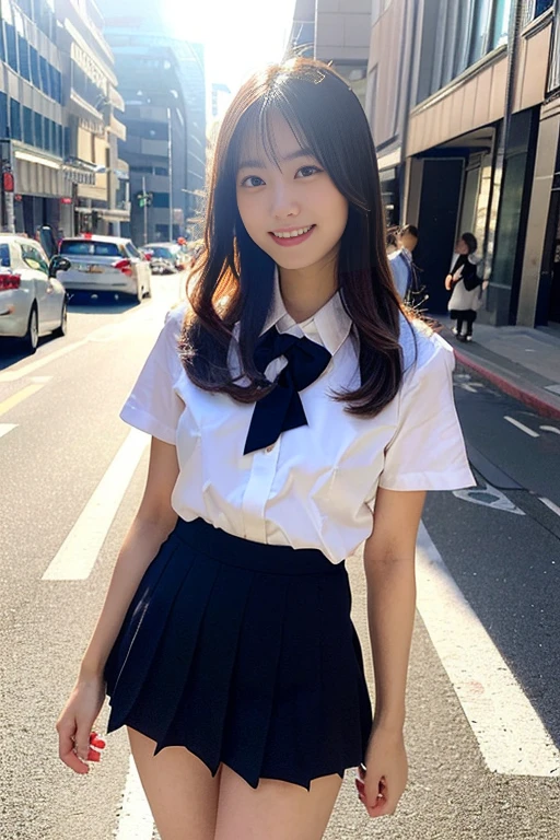(A beautiful 18 year old Japanese high school girl with a bright personality is smiling and looking down at the camera in a front shot. She has detailed, realistic, and photorealistic features, including a super cute face with beautiful eyes, nose, lips, dimples. The girl is wearing a JK uniform with a mini skirt and trendy fashion. She has a healthy body proportion, ample round bosom & smooth legs. She is standing on a city street with natural sunlight and a bright backlight shining from behind, creating a lens flare. The image has a surreal, high-quality, and masterpiece-level look with vivid colors, extreme detail, and a professional-level edit.)