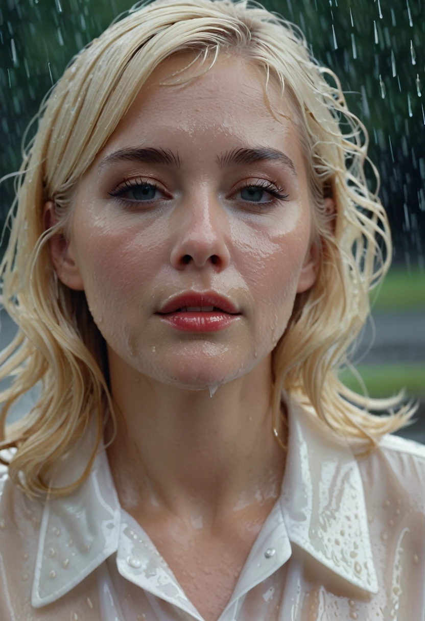 (Sara gadon from the series 22.11.63) as a demur 60s school teacher in a white blouse, soft focus, vintage, Americana, platinum blonde, 60s film, cinematic, elaborate details, (unbuttoned wet white blouse), caught in the rain, wet, close up, intimate, wet, transparent, sensual