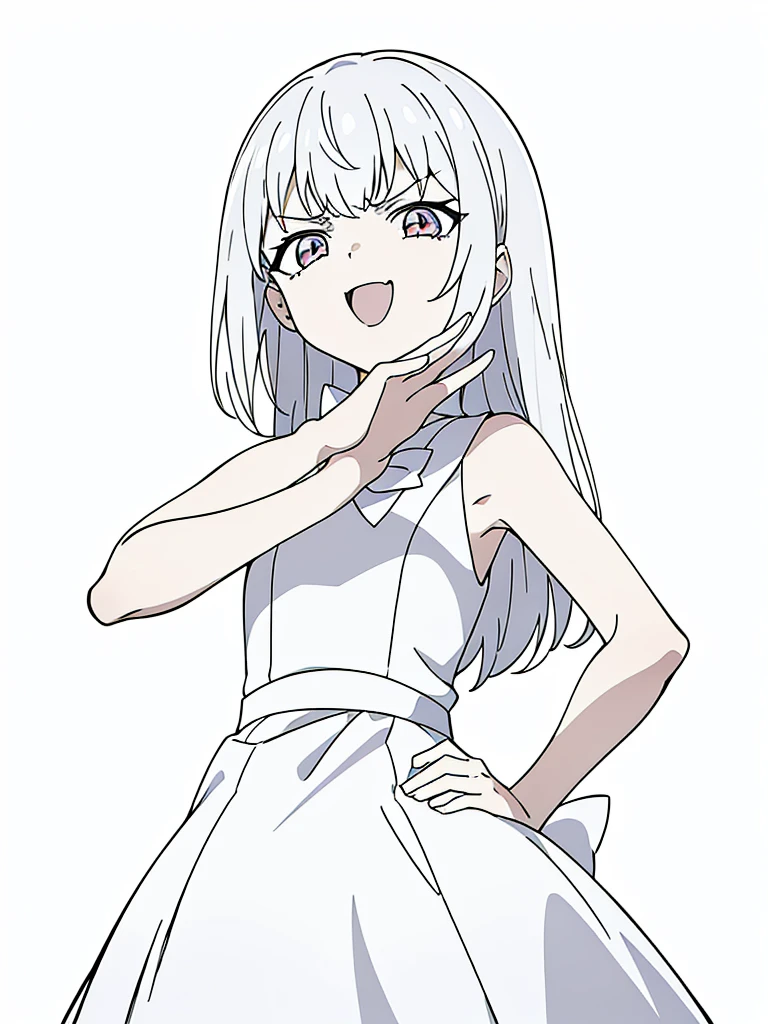 (1girl,8 ,small),white hair,long hair,white dress, sleeveless, bow tie, bare shoulders,(white background,line drawing),(ojou-sama pose),angry,smile,upper body,looking at view,from below, hand on hip,squinted eyes,:D,evil smile,from below