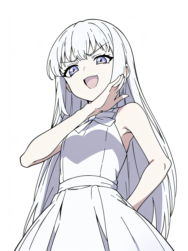 (1girl,8 years old,small),white hair,long hair,white dress, sleeveless, bow tie, bare shoulders,(white background,line drawing),(ojou-sama pose),angry,smile,upper body,looking at view,from below, hand on hip,squinted eyes,:D,evil smile,from below
