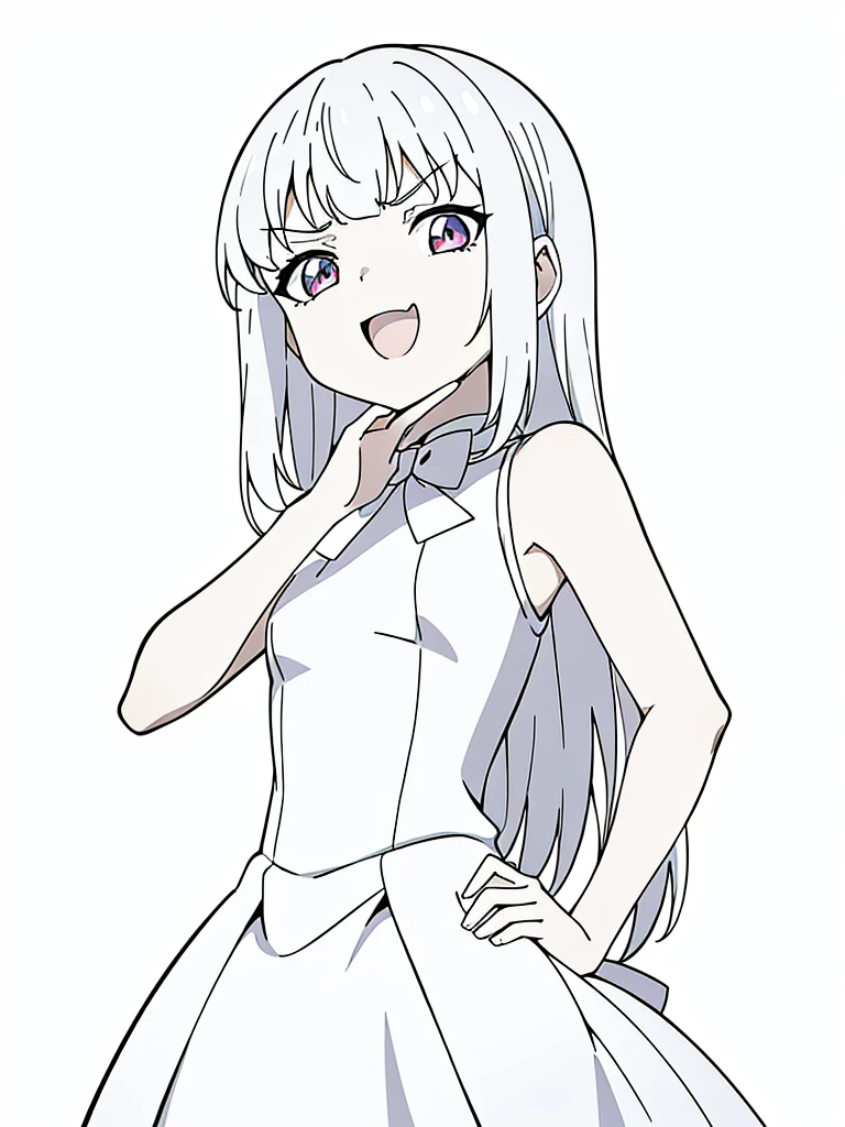 (1girl,8 years old,small),white hair,long hair,white dress, sleeveless, bow tie, bare shoulders,(white background,line drawing),(ojou-sama pose),angry,smile,upper body,looking at view,from below, hand on hip,squinted eyes,:D,evil smile,from below