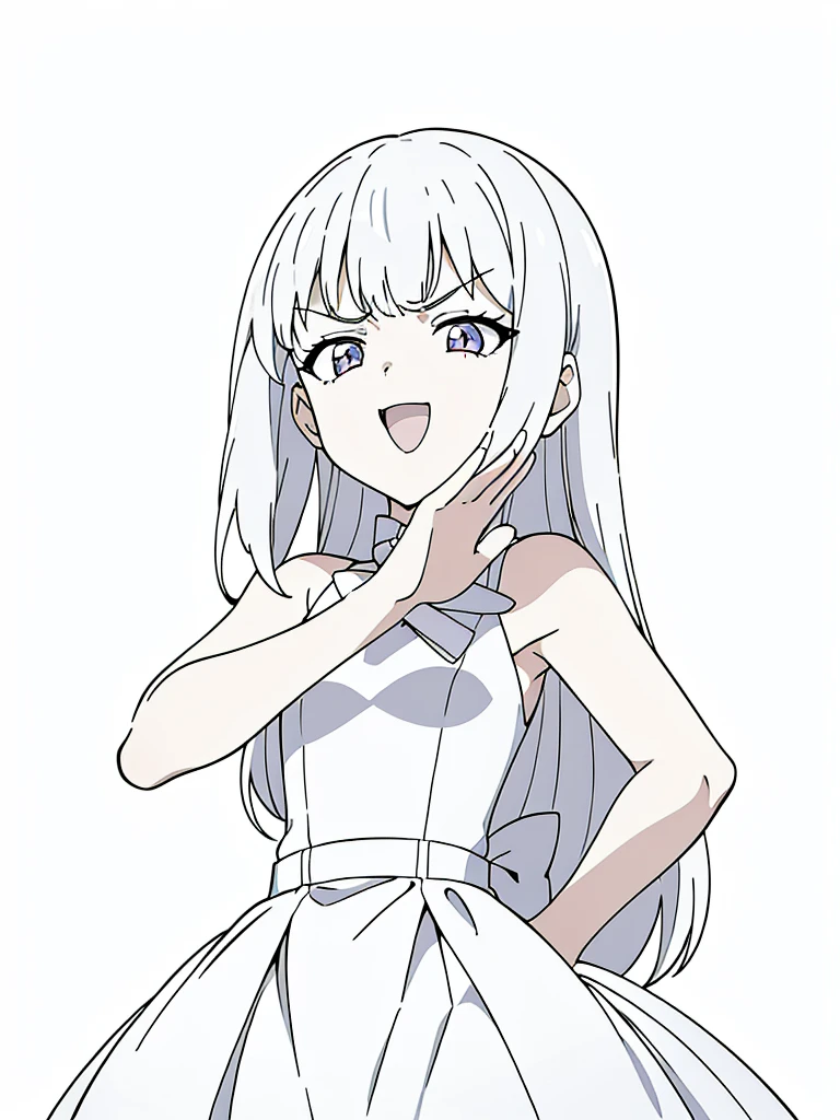 (1girl,8 years old,small),white hair,long hair,white dress, sleeveless, bow tie, bare shoulders,(white background,line drawing),(ojou-sama pose),angry,smile,upper body,looking at view,from below, hand on hip,squinted eyes,:D,evil smile,from below