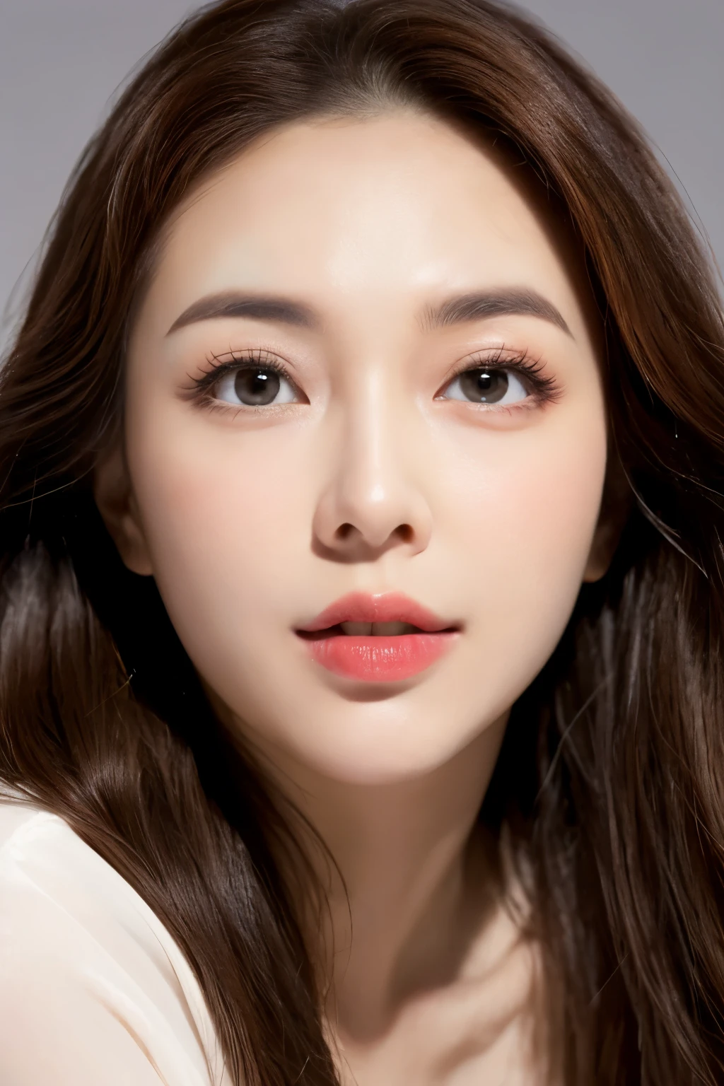 realistic, high resolution, 8k wallpapers, Complete dynamic configuration, Korean Background, beautiful detailed eyes, normal sized eyes, long straight hair, red hair vibrant lips, medium bust, Random and plain generic poses, random case, winked, 30 years old woman, Korean woman, (drooping eyes 1.2), (sagging eyebrows 1.2), very beautiful appearance, slim body, natural makeup, nsfw