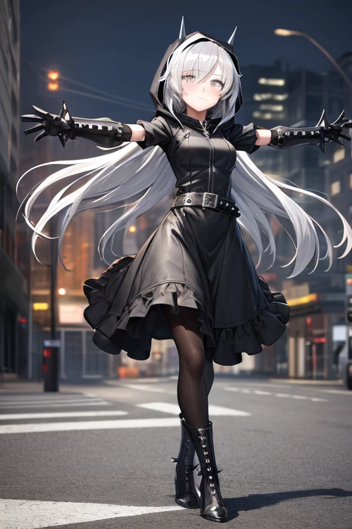 ((best quality)), ((masterpiece)), (detailed), 1 girl, Full body, 18 years old, Depressed face, Silver eyes, Arms outstretched, Arms behind waist, Metal covering her eyes, Gray zippered hood, Blushing, Silver hair, Straight hair, Bangs, Lock of hair covering her eye, Full body, Medium breasts, Slim body, Metal spikes, Grey wristbands, Long black gloves with spikes, Grey Gothic lolita dress, Grey dress with metal spikes, Metal emblem, Somewhat tight, Black belt, Metal legs, Black pantyhose, Black boots, Walking through the city, Metal coming out of the road, City background, Anime