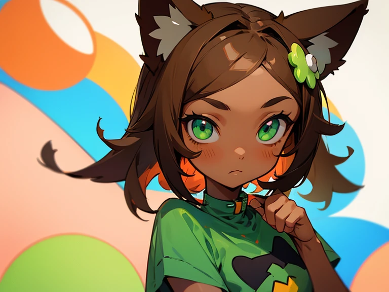 brown hair, green eyes, tanned skin, cutesy clothing style, fidgets as accessories, cat ears
