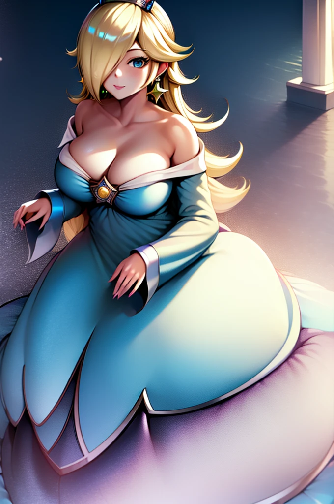 Princess Rosalina, huge breasts, anime style, cleavage, sexy blue dress