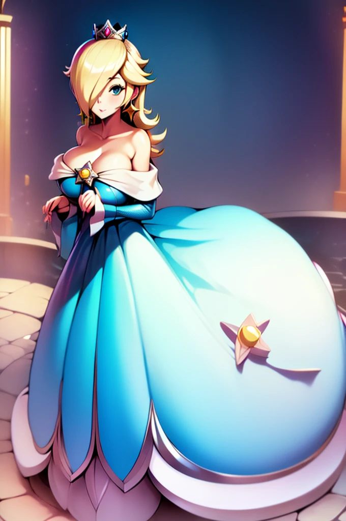 Princess Rosalina, huge breasts, anime style, cleavage, sexy blue dress