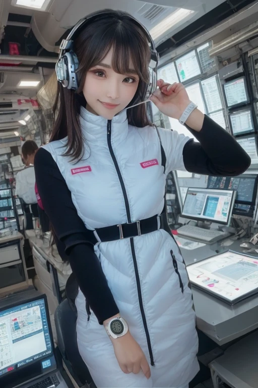 masterpiece, Highest quality, Very detailed, 8K Portrait,Japanese Android Girl,plump , Control panel,Robotic arms and legs, Blunt bangs,,break (Metallic Gray, Metallic luster, Mirror finish, Astro Best):5,headphone:5,break (Black sleeves):100,Smart Watches,Futuristic space station,Control Room,break headphone,blue eyes,(Black Hair):2,(Long Hair):1.3,Viewer Display,(respirator),break blush:3,Hidden Hand,smile