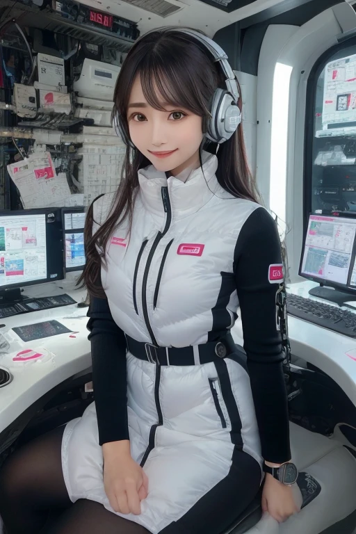 masterpiece, Highest quality, Very detailed, 8K Portrait,Japanese Android Girl,plump , Control panel,Robotic arms and legs, Blunt bangs,,break (Metallic Gray, Metallic luster, Mirror finish, Astro Best):5,headphone:5,break (Black sleeves):100,Smart Watches,Futuristic space station,Control Room,break headphone,blue eyes,(Black Hair):2,(Long Hair):1.3,Viewer Display,(respirator),break blush:3,Hidden Hand,smile