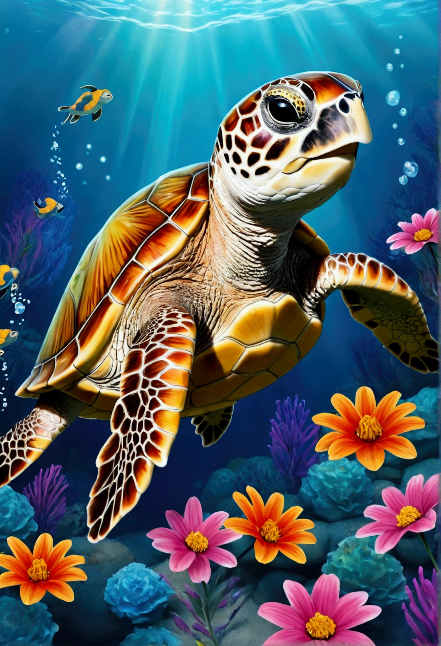 sea turtle, buble de ar, flowers, vivid color, splash of color, chibi, cute