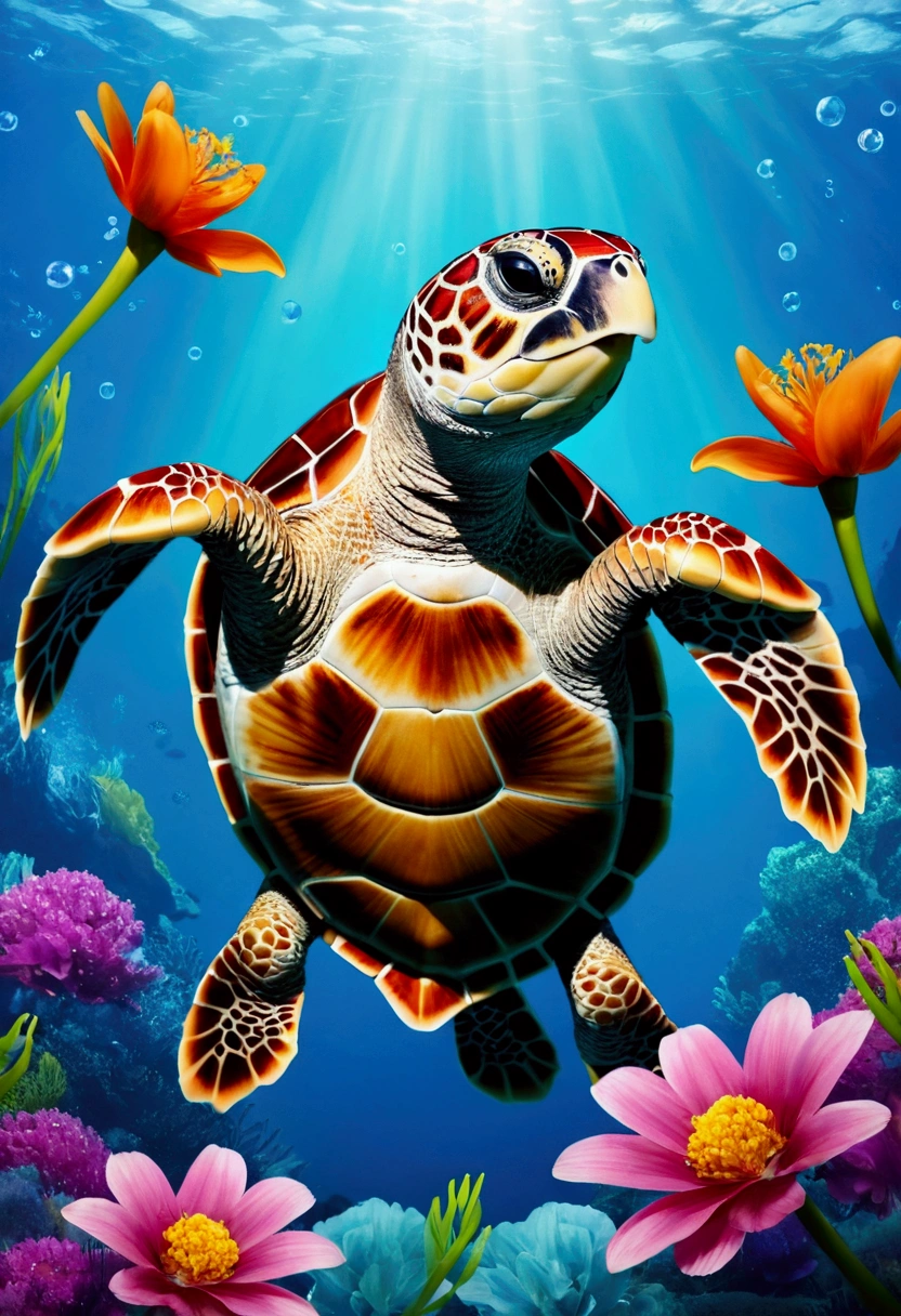 sea turtle, buble de ar, flowers, vivid color, splash of color, chibi, cute