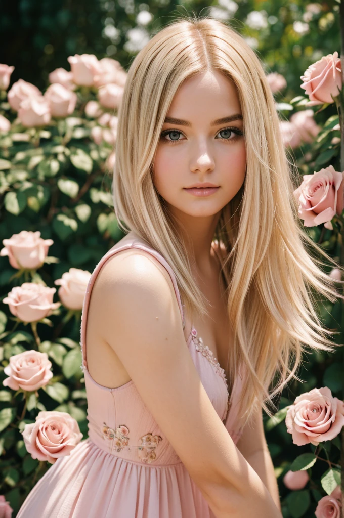 8k, RAW photo, Fujifilm, style photo of a beautiful young woman as avril in a garden of light pink roses (highly detailed skin: 1.2) Style-Petal BREAK short hair, blonde hair with colored locks, wearing a dress, film granulation, 35mm, cute style