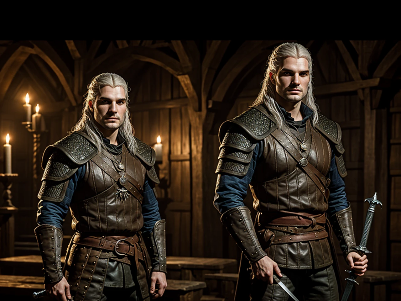 Medieval realistic style. Estilo The Witcher. Witcher with two swords under his back, Portrait of a 22-year-old orange-eyed male wizard.
