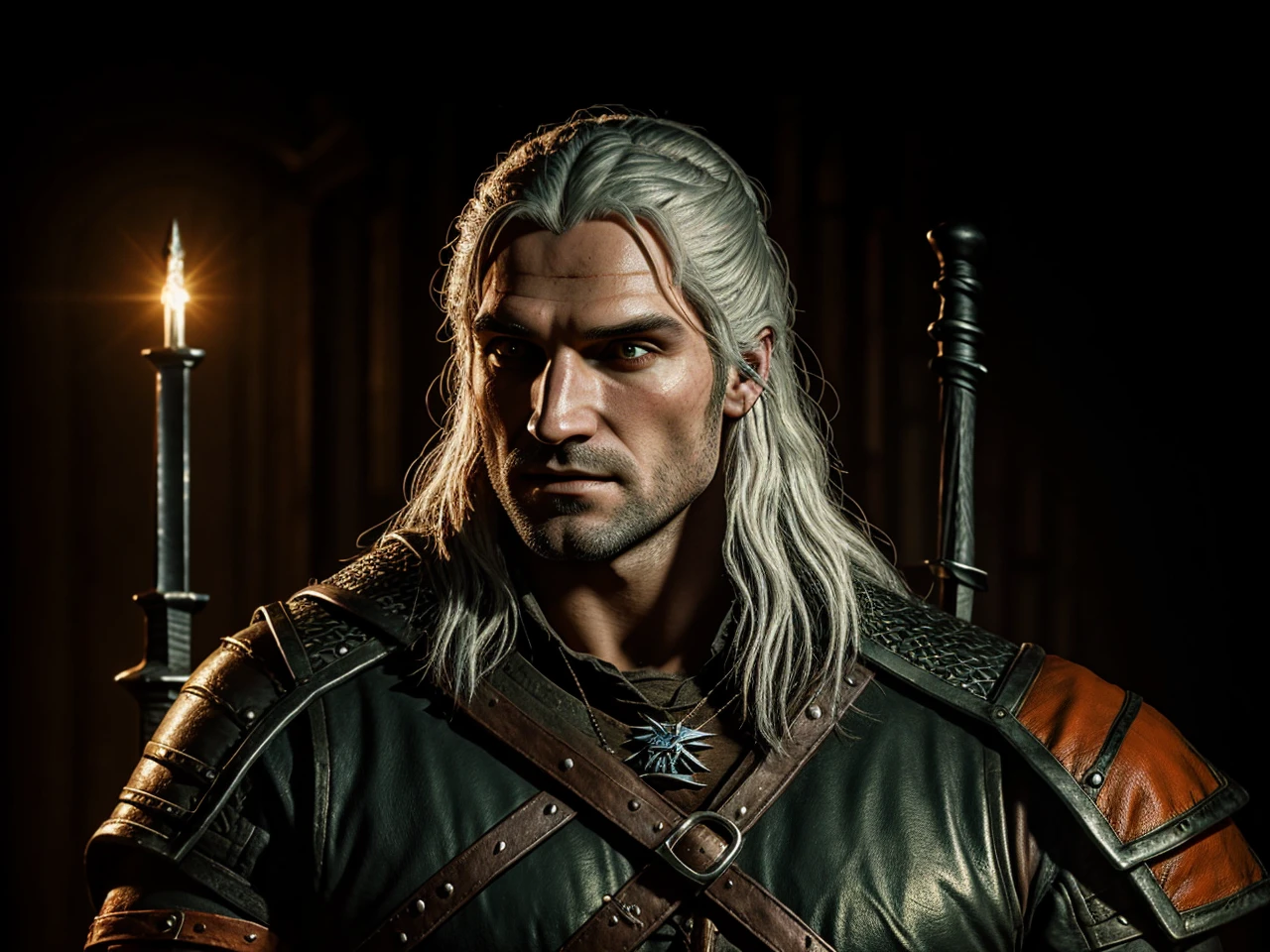 Medieval realistic style. Estilo The Witcher. Witcher with two swords under his back, Portrait of a 22-year-old orange-eyed male wizard.