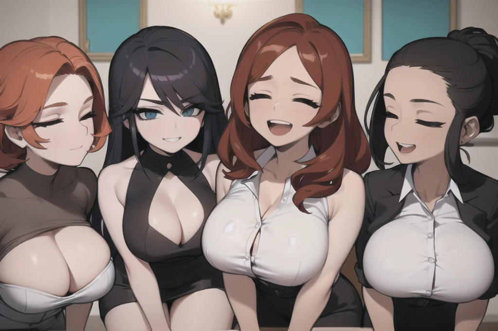 four sexy women in office outfits who are wives of boy, kneeling, portrait, closed eyes, opened mouths, short curly orange hair, view from above