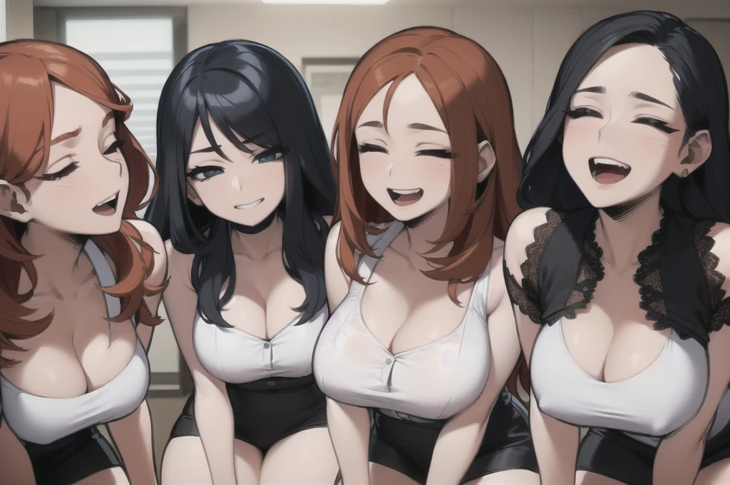 four sexy women in office outfits who are wives of boy, kneeling, portrait, closed eyes, opened mouths, short curly orange hair, view from above