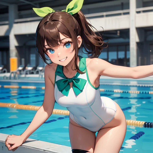 Absurdres, master piece, best high quality image, Science fiction genre, carefully detailed artwork, carefully detailed image, no deformity, solo alone character, full body view
{{(1character: 14 years old brown haired human girl, (beautiful blue eyes, fair skin, absolutely beautiful, brown hair tied in short ponytail with green ribbon, nice short teenage body, medium breasts, beautiful legs, comedic personality, happy smile, standing firmly pose), (white one-piece simple swimsuit), (school pool))}}