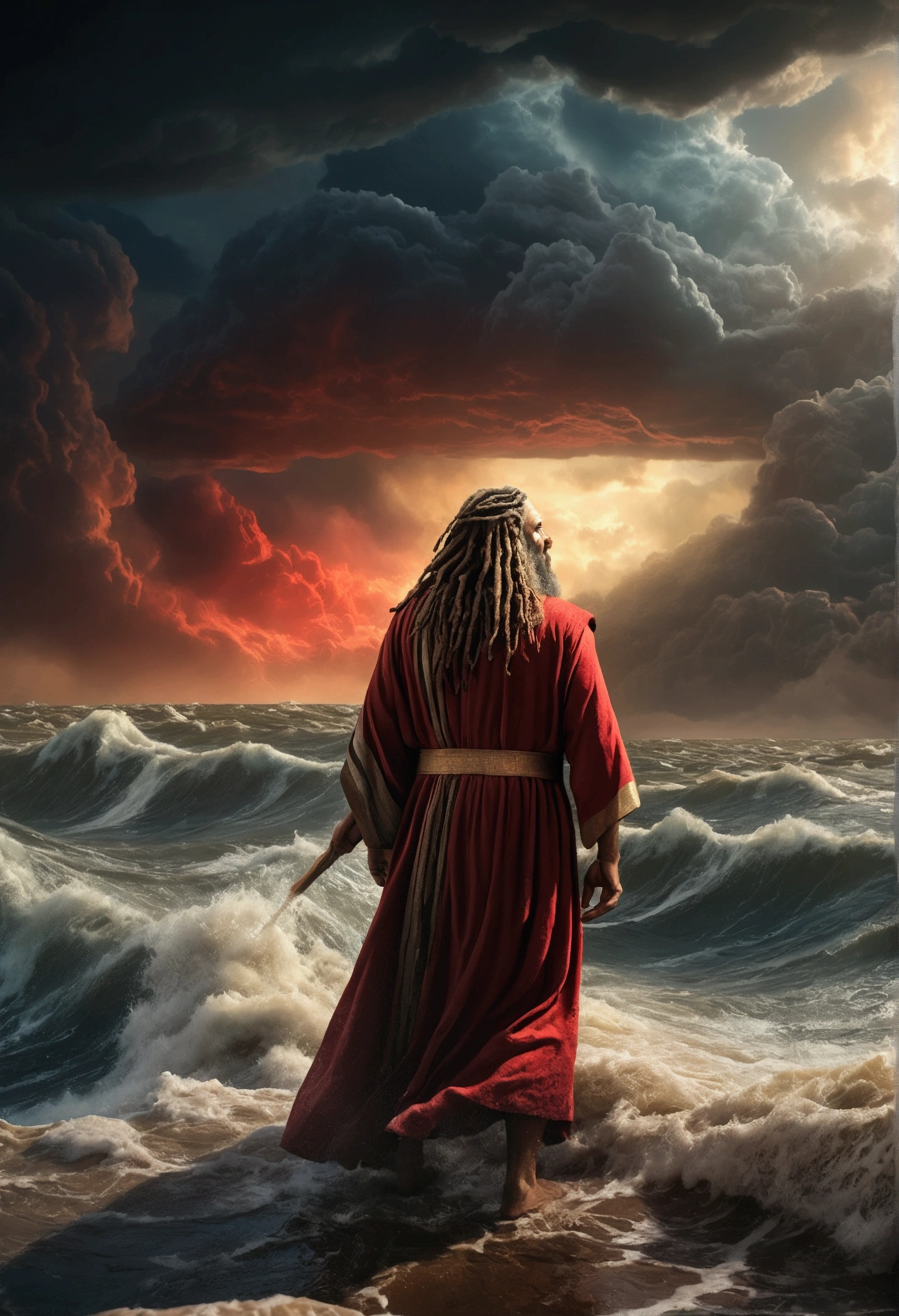 a dramatic scene of moses in egypt, a man with a long beard and robes, parting the red sea, dramatic lighting, stormy sky, pharaoh's army drowning, detailed rendering, cinematic composition, digital painting, dramatic colours, muted tones, chiaroscuro lighting, photorealistic, 8k, intricate details, masterpiece