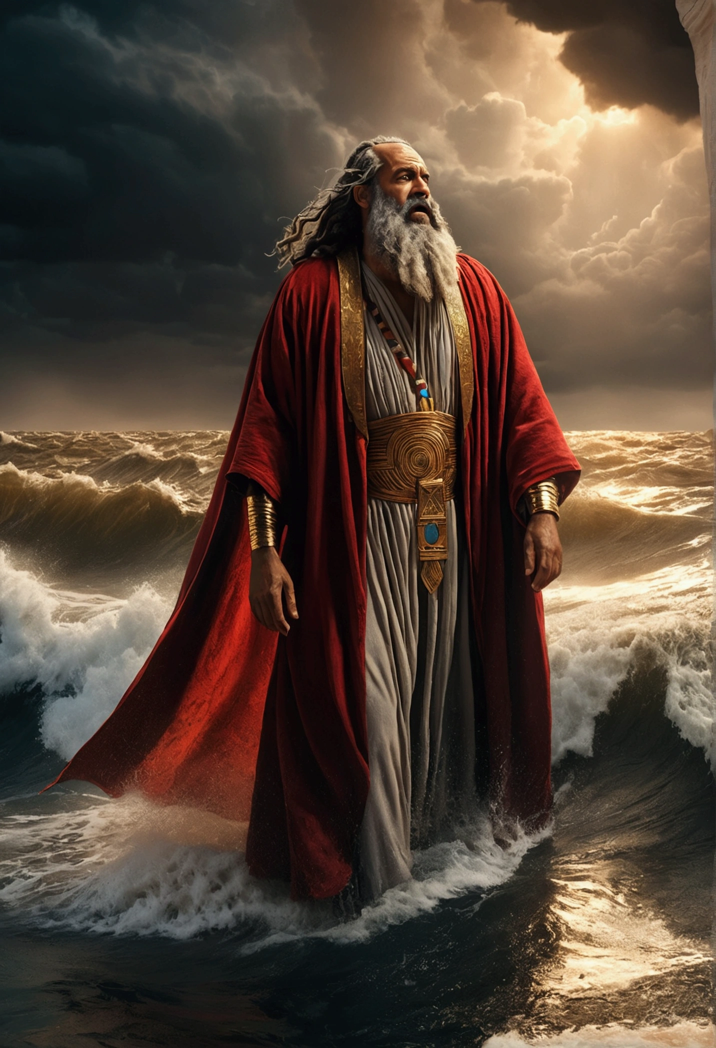 a dramatic scene of moses in egypt, a man with a long beard and robes, parting the red sea, dramatic lighting, stormy sky, pharaoh's army drowning, detailed rendering, cinematic composition, digital painting, dramatic colours, muted tones, chiaroscuro lighting, photorealistic, 8k, intricate details, masterpiece