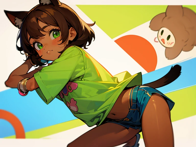 5 year old, brown hair, green eyes, tanned skin, cutesy clothing style, fidgets as accessories, cat ears