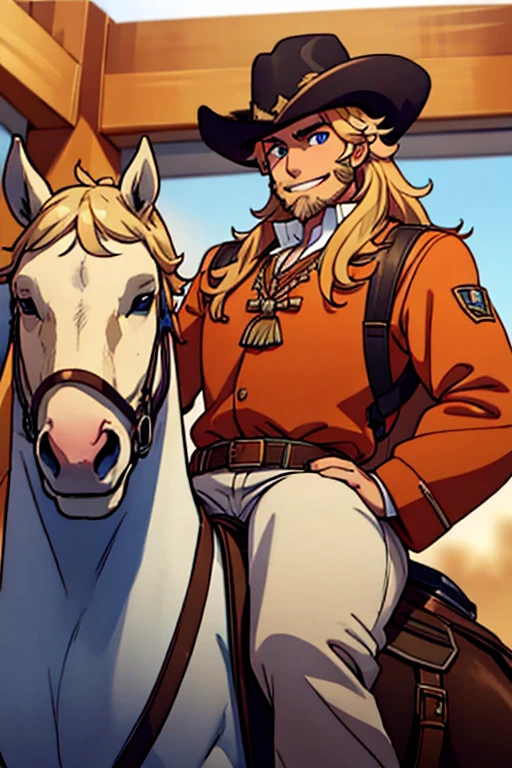 Perfect face. Perfect hands. A blonde muscular haired cowboy with blue eyes and a dark beard and long hair in a sheriff's outfit is riding a horse through a wild west town with a big smile