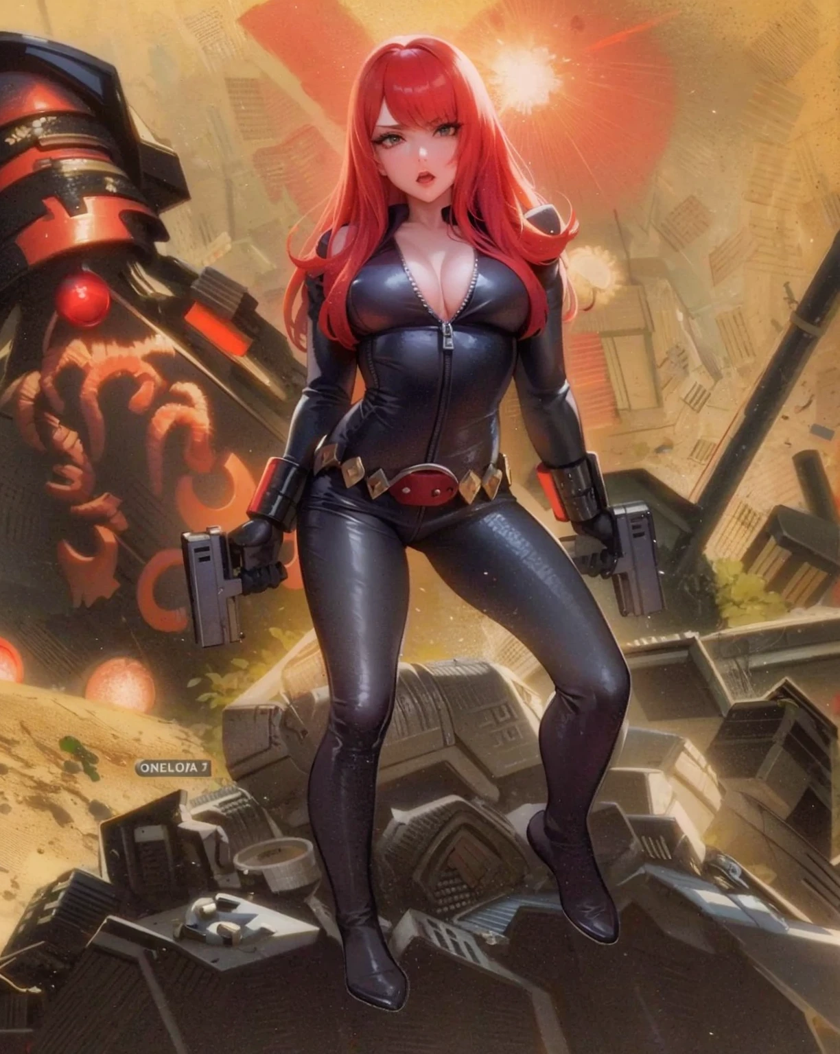 an anime girl with red hair, identified as Black Widow from Marvel comics. She's dressed in a sleek skin-tight shiny black latex bodysuit with a deep-cut zipper neckline revealing a large chest, the silver zipper running down the front paired with a golden belt and golden wrist guard, and she carries two guns. Posing on a pile of rubble, she seems prepared for battle amidst a war-torn city in ruins. The background includes detonations and a war scene, enhancing the ambiance of tension and destruction.