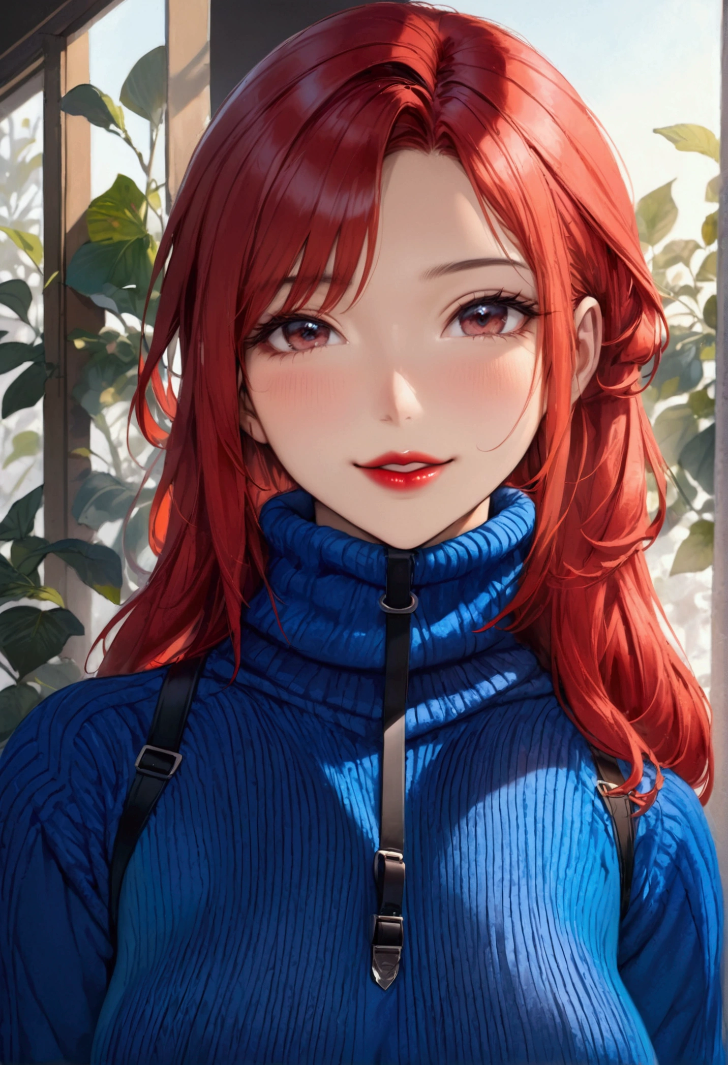 ((A aroused woman with voluptuous toned figure, extreme firm round 34DDD sized breasts, erected nipples, red lips, and straight red hair)), ((wearing an extreme skintight turtleneck velour blue thick sweater with a belt and a extreme super skintight plush sumptuously velour luxuriously soft ribbed Winter Warm Thermal velvet Fleece Lined Women Leggings)), ((standing and smiling, high quality, detailed face portrait, photorealistic, 8k, vivid colors, warm lighting, intricate details, hentai, waifu, full body view))
