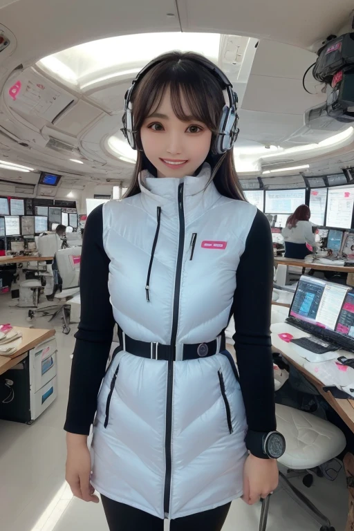 masterpiece, Highest quality, Very detailed, 8K Portrait,Japanese Android Girl,plump , Control panel,Robotic arms and legs, Blunt bangs,,break (Metallic Gray, Metallic luster, Mirror finish, Astro Best):5,headphone:5,break (Black sleeves):100,Smart Watches,Futuristic space station,Control Room,break headphone,blue eyes,(Black Hair):2,(Long Hair):1.3,Viewer Display,(respirator),break blush:3,Hidden Hand,smile