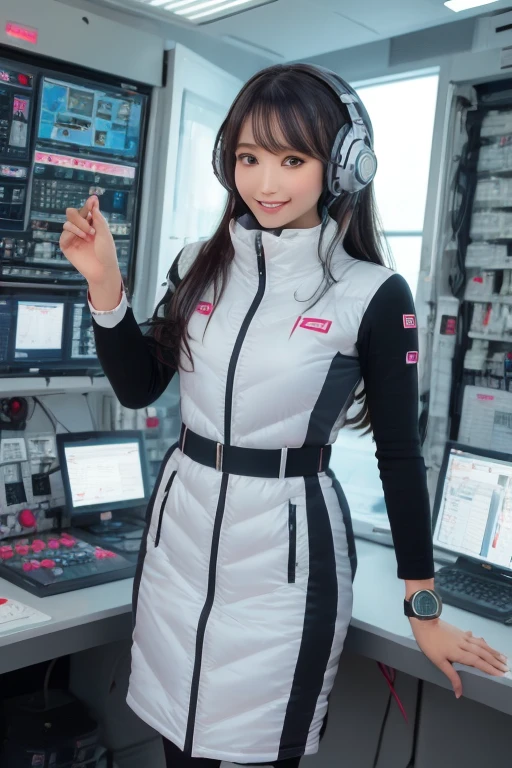 masterpiece, Highest quality, Very detailed, 8K Portrait,Japanese Android Girl,plump , Control panel,Robotic arms and legs, Blunt bangs,,break (Metallic Gray, Metallic luster, Mirror finish, Astro Best):5,headphone:5,break (Black sleeves):100,Smart Watches,Futuristic space station,Control Room,break headphone,blue eyes,(Black Hair):2,(Long Hair):1.3,Viewer Display,(respirator),break blush:3,Hidden Hand,smile